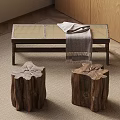 Natural Wooden Stump Stools With Leaf Shapes And Woven Bench With Blanket