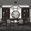 Elegant Chinese Style Restaurant Interior With Circular Wall Art Chandelier Dining Table And Bookshelves