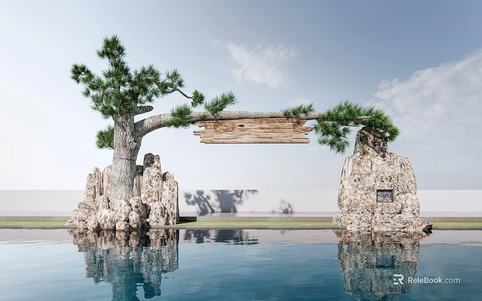 Natural Stone and Tree Arch with Wooden Sign Over Water Pool Reflection 3d model 