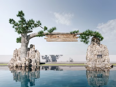 Natural Stone and Tree Arch with Wooden Sign Over Water Pool Reflection 3d model