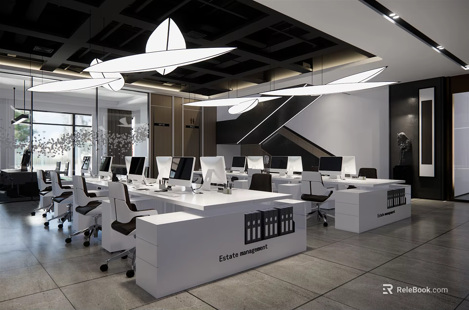 Modern Public Office Space With White Desks Computers Black Chairs Pendant Lights And Large Windows 3d model 
