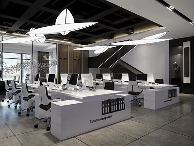 Modern Public Office Space With White Desks Computers Black Chairs Pendant Lights And Large Windows 3d model