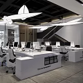 Modern Public Office Space With White Desks Computers Black Chairs Pendant Lights And Large Windows
