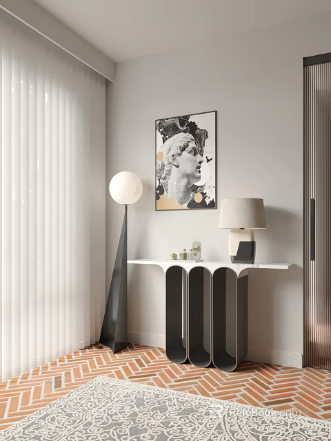 Entryway Console Table with Floor Lamp Table Lamp and Wall Art Decor 3d model