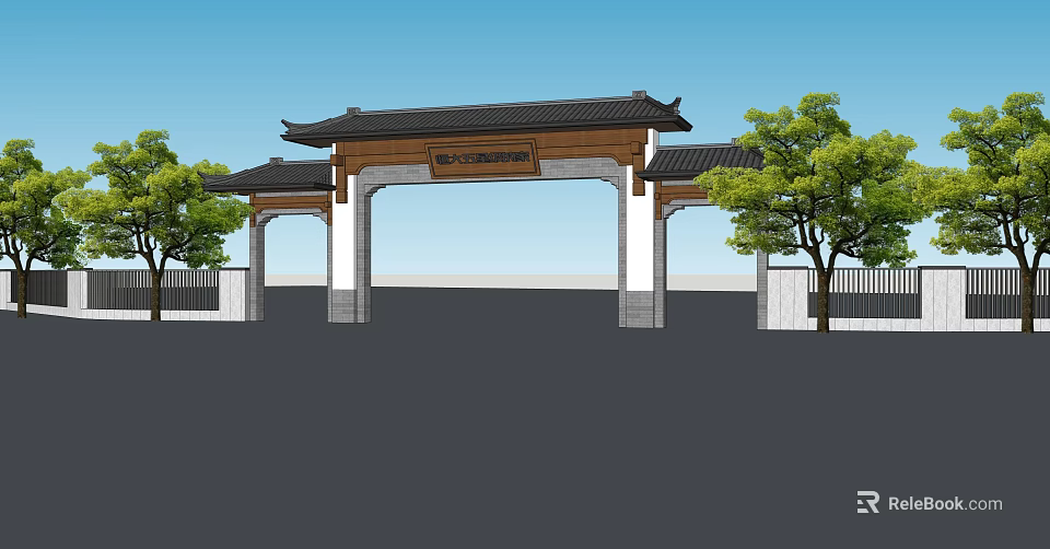 Traditional Chinese Entrance Gate With Tiled Roof White Pillars And Trees 3d model 