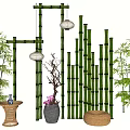 Bamboo Garden Decor With Hanging Lanterns Screens Potted Plants Small Table And Woven Cushion