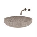 Round Beige Marble Washbasin With Wall Mounted Copper Faucet And Knob