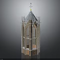 Gothic Architecture Tower With Spire Arched Windows And Stone Brick Structure 3d model