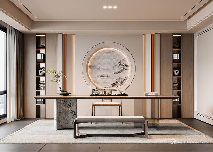 Elegant Modern Chinese Tea Room Interior With Round Landscape Painting Long Wooden Table And Bookshelves 3d model 