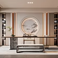 Elegant Modern Chinese Tea Room Interior With Round Landscape Painting Long Wooden Table And Bookshelves