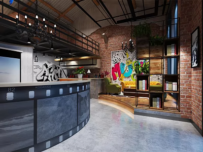 Modern Digital Store Interior With Industrial Brick Wall Display Shelves And Green Plants 3d model