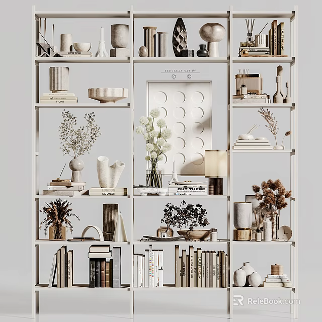 White Open Shelving Unit with Books Vases Plants Decorative Sculptures and Bowls 3d model 