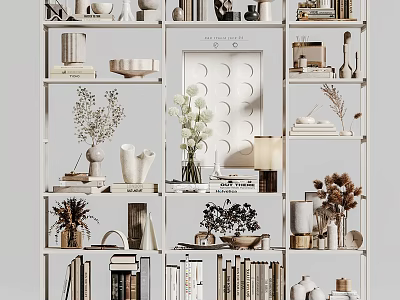 White Open Shelving Unit with Books Vases Plants Decorative Sculptures and Bowls 3d model