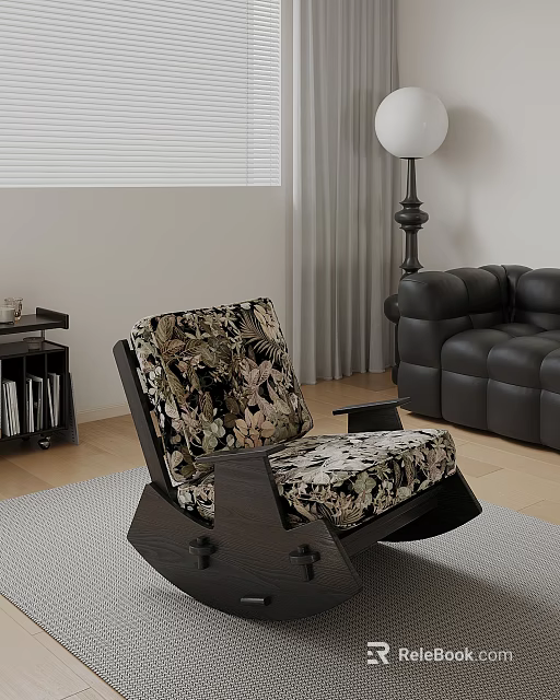 Stylish Floral Pattern Accent Chair With Dark Wooden Frame For Living Room 3d model 