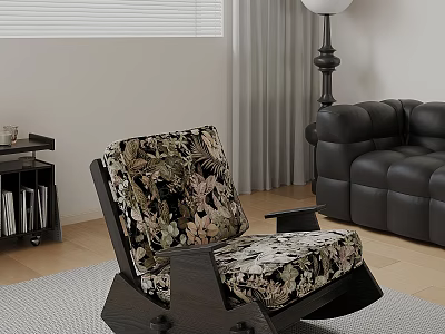 Stylish Floral Pattern Accent Chair With Dark Wooden Frame For Living Room 3d model