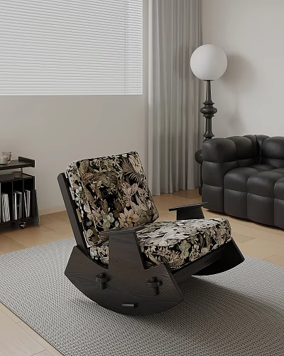Stylish Floral Pattern Accent Chair With Dark Wooden Frame For Living Room 3d model