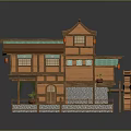 Traditional Chinese Wooden Building Model With Green Tiled Roof Red Lanterns And Water Wheel