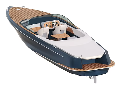 Luxury Yacht Featuring Wooden Deck Cockpit Seats Transparent Windscreen And Blue White Exterior 3d model