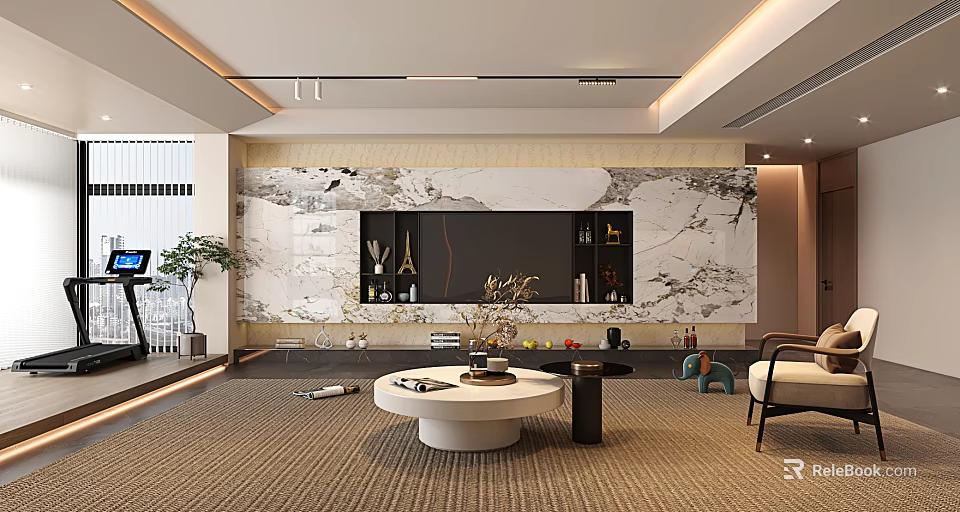 Modern Living Room Interior Design With Marble Feature Wall TV Shelves And Round Coffee Table 3d model 
