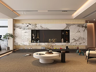 Modern Living Room Interior Design With Marble Feature Wall TV Shelves And Round Coffee Table 3d model