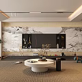 Modern Living Room Interior Design With Marble Feature Wall TV Shelves And Round Coffee Table