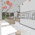 Modern Dessert Shop Interior With Open Kitchen Pastry Displays Wooden Tables And Bright Lighting
