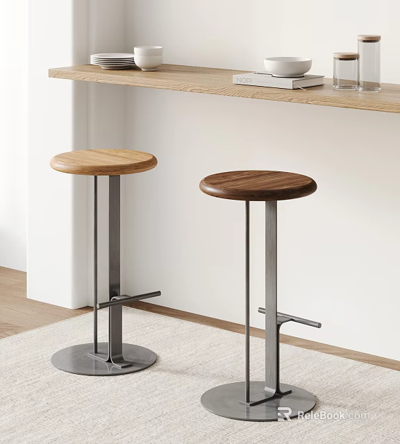 Two Round Wooden Bar Stools With Metal Legs For Modern Kitchen Bar 3d model 