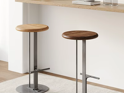 Two Round Wooden Bar Stools With Metal Legs For Modern Kitchen Bar 3d model