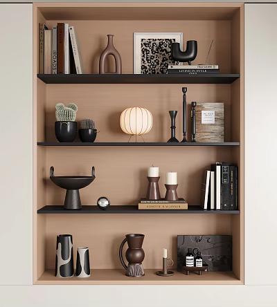 Stylish Decor Collection with Cactus Lantern Lamp Candle Holders Books Vase Clock on Shelf 3d model