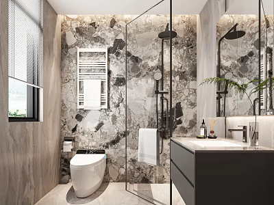 Modern Bathroom Interior With Marble Walls Glass Shower Enclosure Toilet Vanity Mirror And Green Plant 3d model