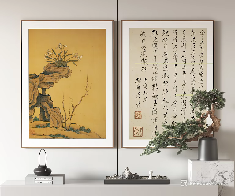 Traditional Chinese Art Paintings Featuring Orchid Stone And Calligraphy With Potted Plant Decor 3d model 