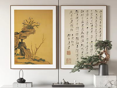Traditional Chinese Art Paintings Featuring Orchid Stone And Calligraphy With Potted Plant Decor 3d model