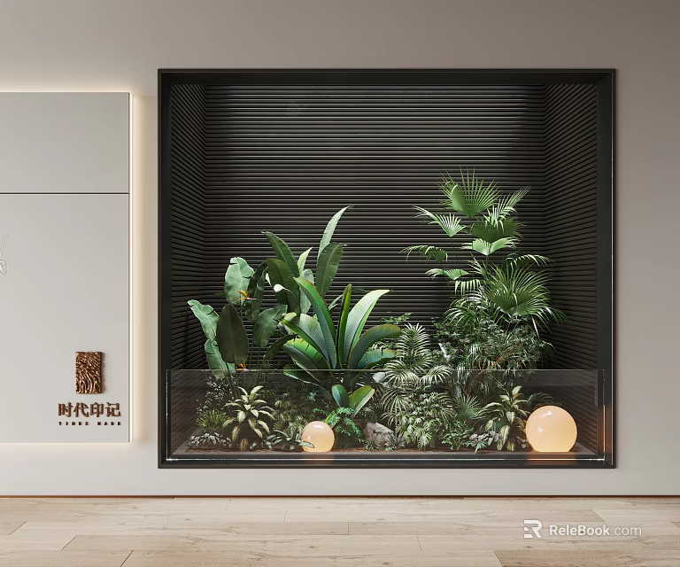 Modern Indoor Greenery Arrangement Featuring Lush Plants Black Frame And Round Lights 3d model 