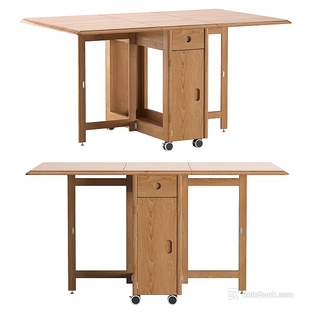 Wooden Folding Dining Table With Wheels Drawer And Open Shelf Design 3d model 