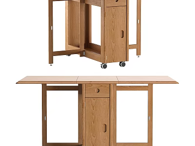Wooden Folding Dining Table With Wheels Drawer And Open Shelf Design 3d model