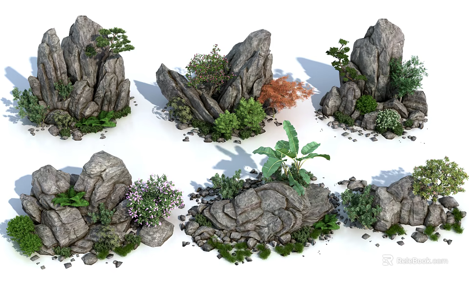 Garden Miniature Decorative Rockery and Plant Displays with Various Greenery and Colorful Foliage 3d model 