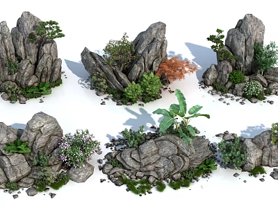 Garden Miniature Decorative Rockery and Plant Displays with Various Greenery and Colorful Foliage 3d model