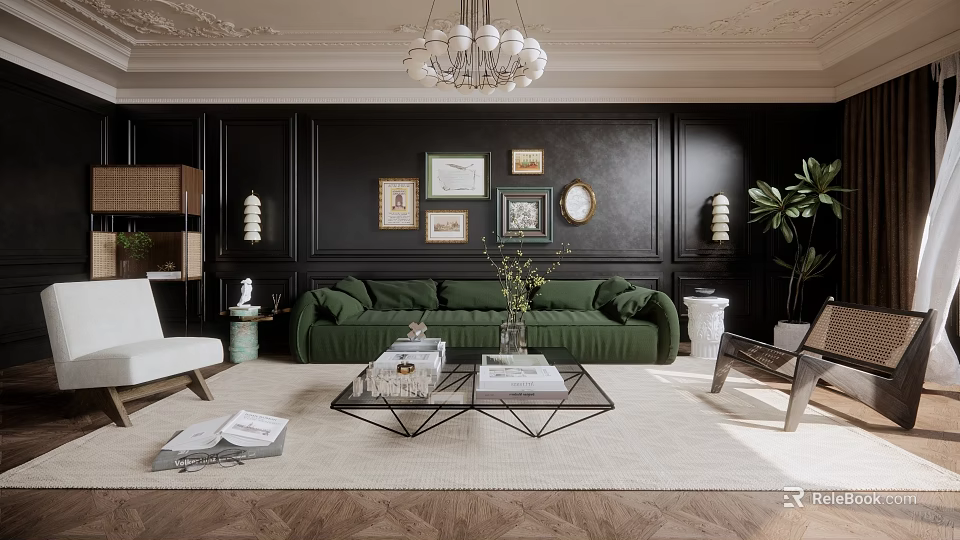 Stylish Living Room Interior With Green Sofa Black Walls Framed Artworks And Chandelier 3d model 