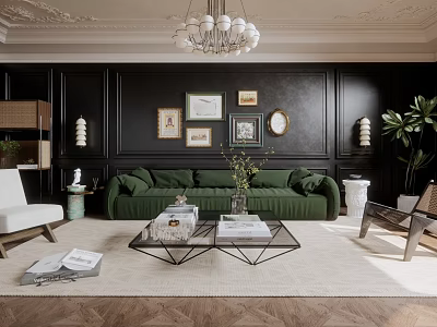 Stylish Living Room Interior With Green Sofa Black Walls Framed Artworks And Chandelier 3d model