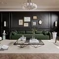 Stylish Living Room Interior With Green Sofa Black Walls Framed Artworks And Chandelier