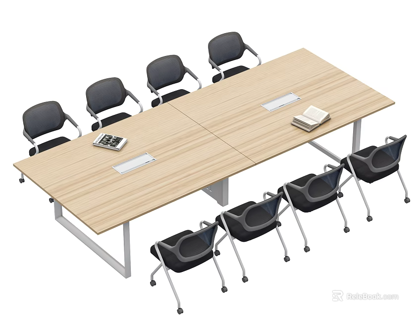 Light Wood Rectangular Conference Table with Black Chairs Around and Notebooks with Pens on Top 3d model 