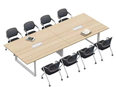 Light Wood Rectangular Conference Table with Black Chairs Around and Notebooks with Pens on Top 3d model