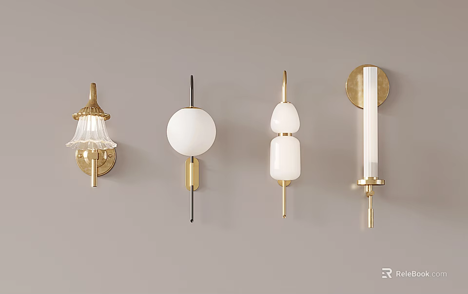 Four Stylish Wall Lamps with Different Modern Designs Brass Bases and White Shades 3d model 