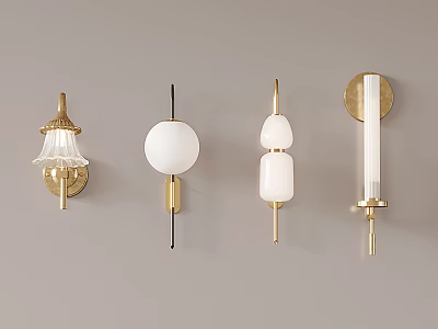 Four Stylish Wall Lamps with Different Modern Designs Brass Bases and White Shades 3d model