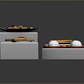 Assorted Foods Including Pizza Sushi And Paella On White Cube Display Stands With Chopsticks