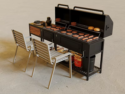 Outdoor Barbecue Grill With Double Grills Cooked Patties Buns Wooden Countertop And Metal Chairs 3d model