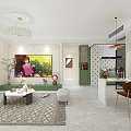 Modern Living and Dining Room Interior With White Sofa Green Walls Chandelier Decorative Paintings