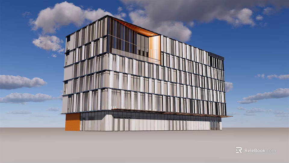Modern Office Building Exterior With Glass Curtain Wall Gray White Orange Sleek Design 3d model 