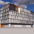 Modern Office Building Exterior With Glass Curtain Wall Gray White Orange Sleek Design