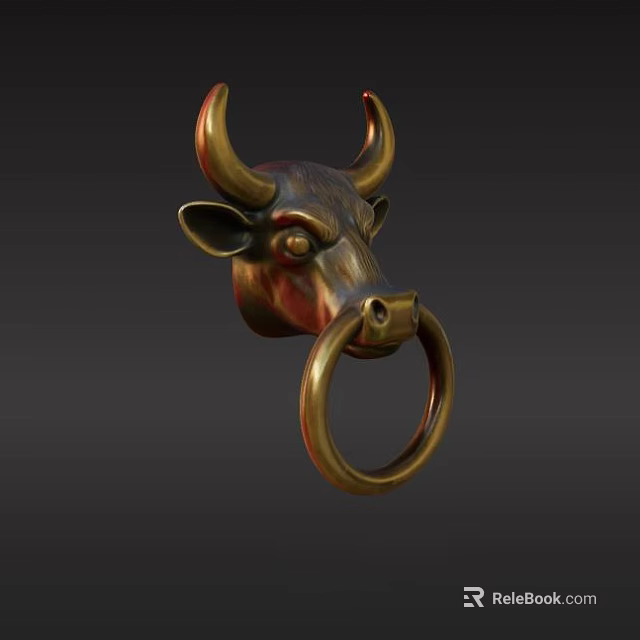 Ornate Bull Head Shaped Brass Door Handle With Decorative Ring Design 3d model 